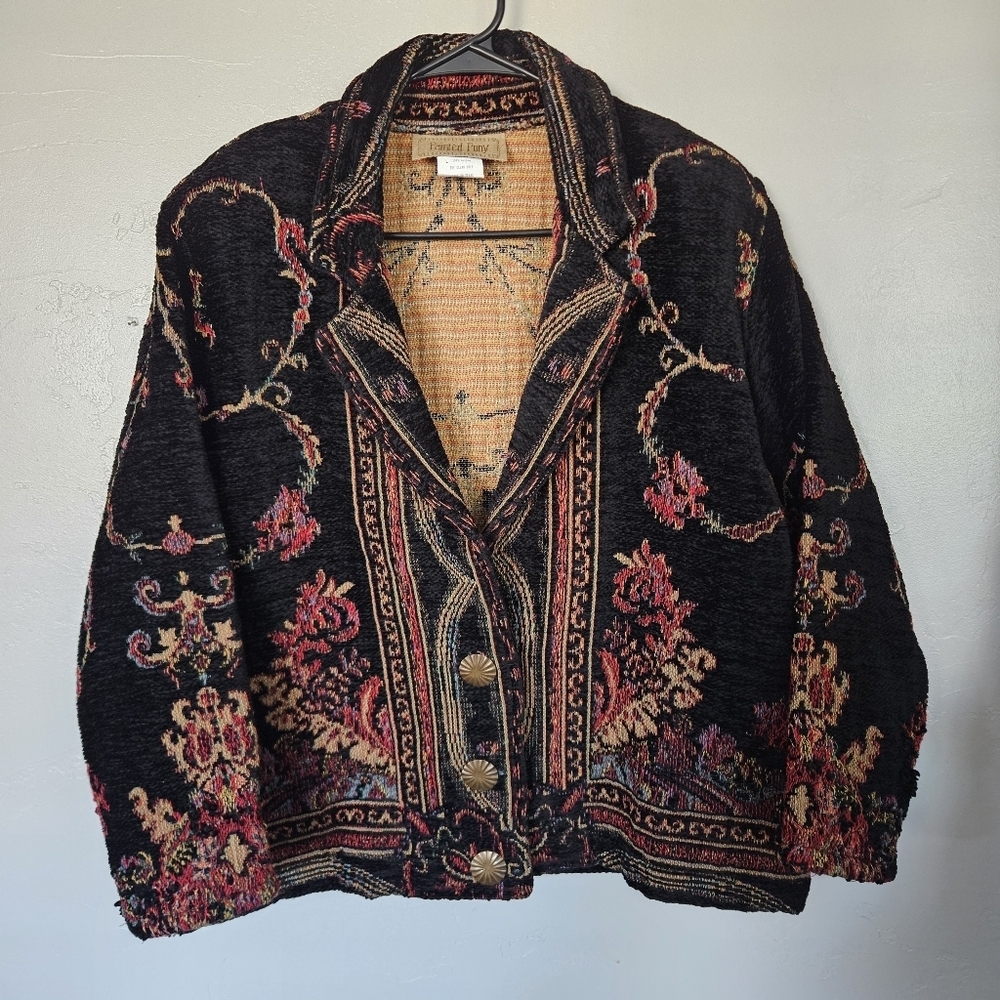 Painted Pony Vintage Women's S/M Black Red Gold Floral Tapestry Blazer Jacket